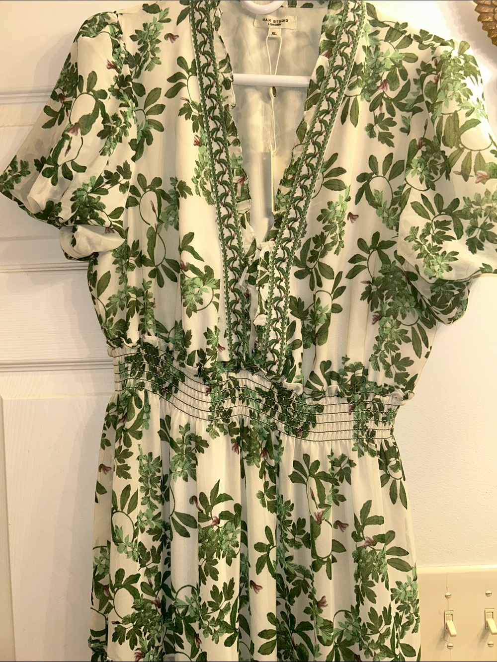 Max Studio White Midi Dress with Green Botanical Print
